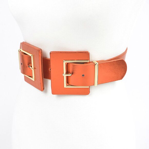 BNWT Metallic Double Buckle Elastic Fashion Belt Square Buckle Stretch Belt - Picture 2 of 5